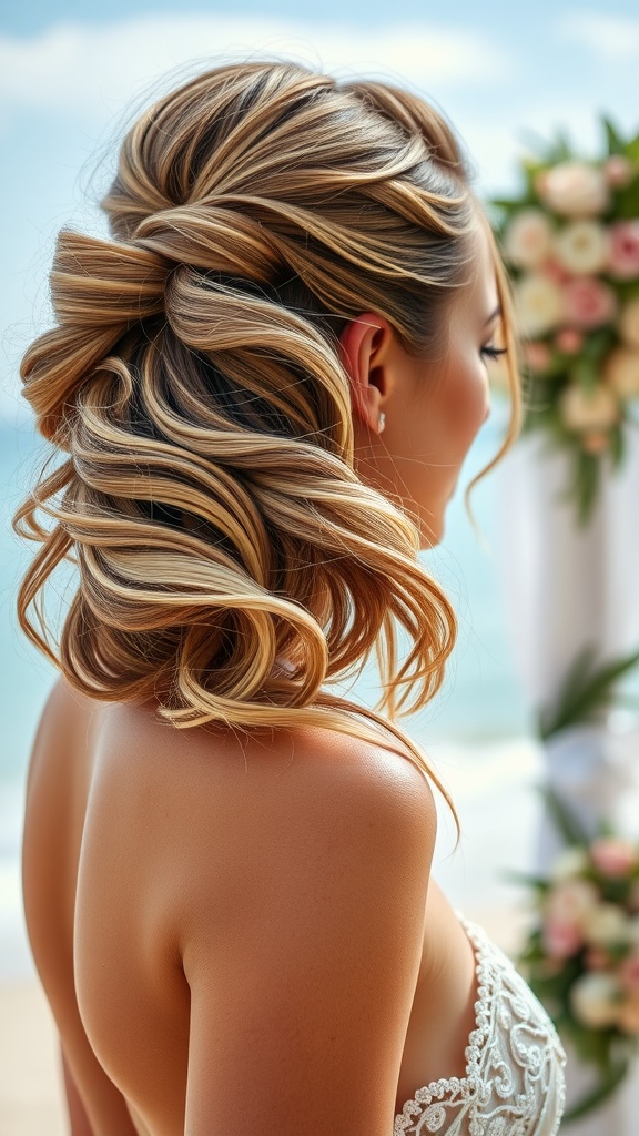 A woman with stylish beachy waves hairstyle, showcasing soft curls and a relaxed look, ideal for wedding guests.