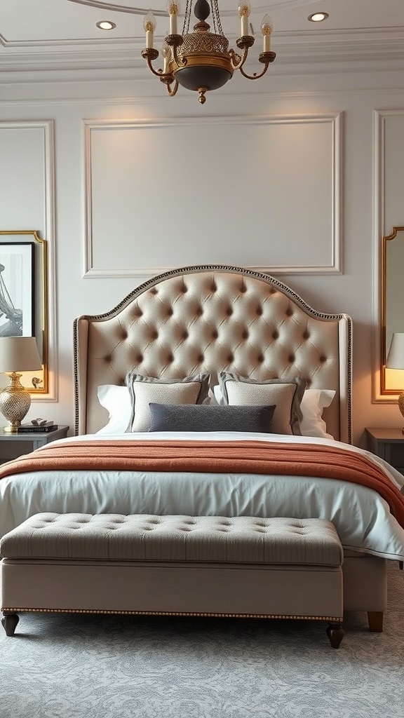 A luxurious bedroom featuring a tufted upholstered headboard, warm bedding, and a stylish bench.