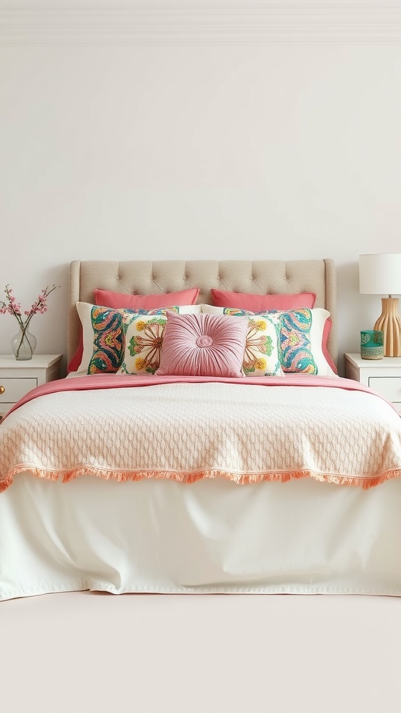 A beautifully arranged bed with colorful pillows and a soft quilt, showcasing a stylish bedroom setup.