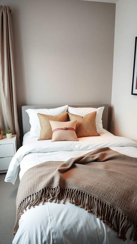 A small guest bedroom with stylish bedding, featuring pillows and a cozy throw.