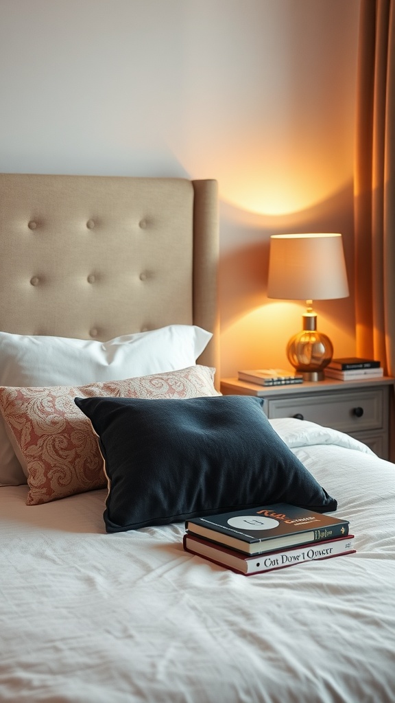 A cozy bedroom with a stylish bed, decorative pillows, and a bedside lamp illuminating a stack of books.