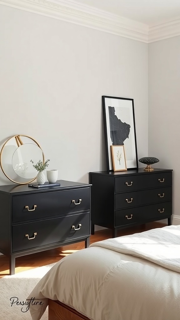A stylish black bedroom featuring two black dressers with gold accents and a round mirror.