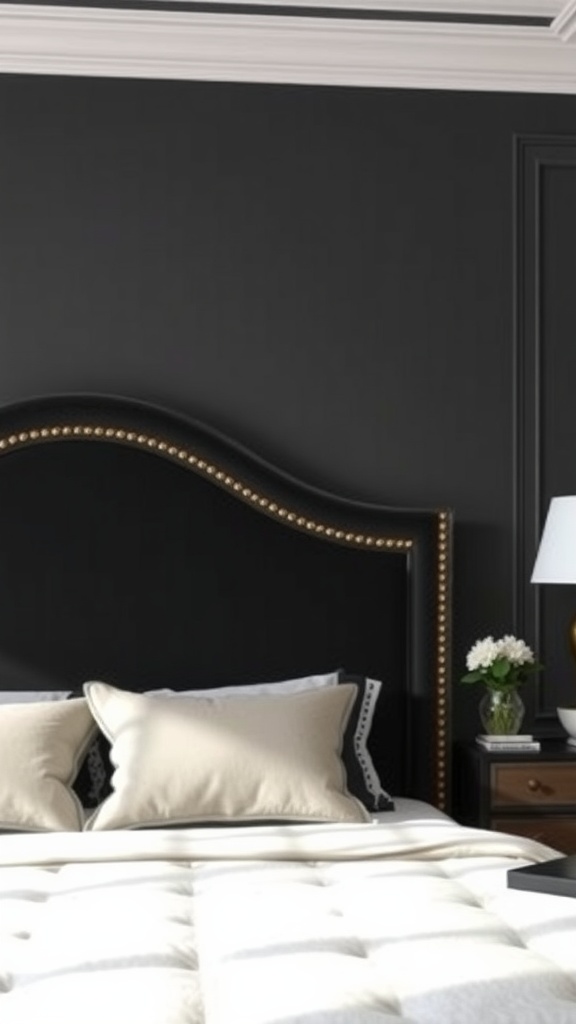 A stylish black headboard with gold detailing in a modern bedroom setting.