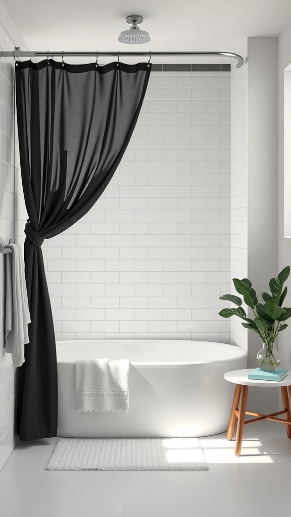 Minimalist bathroom featuring a stylish black shower curtain, white tiles, and a modern bathtub.
