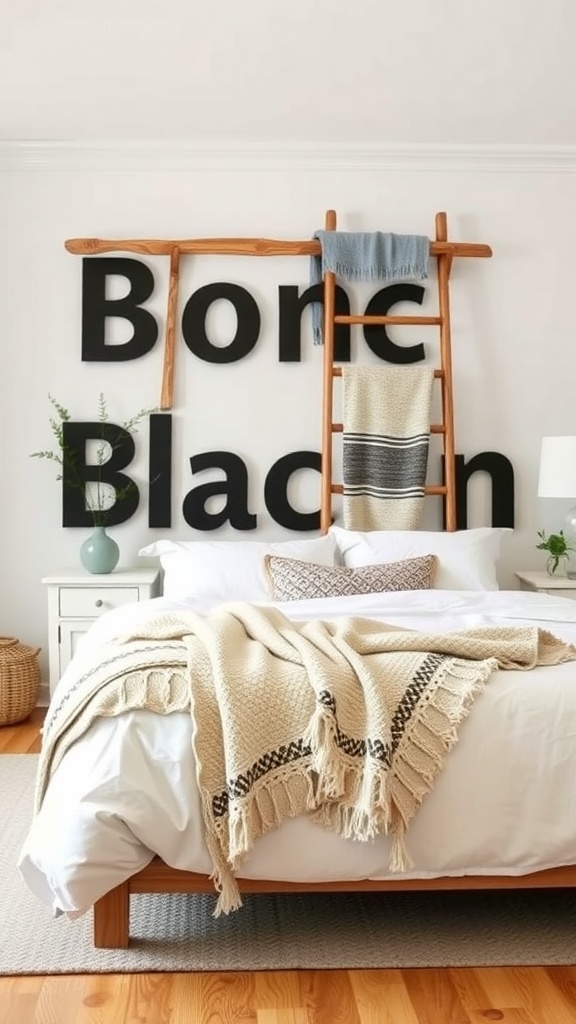 A wooden ladder used as a blanket rack in a cozy bedroom setting.