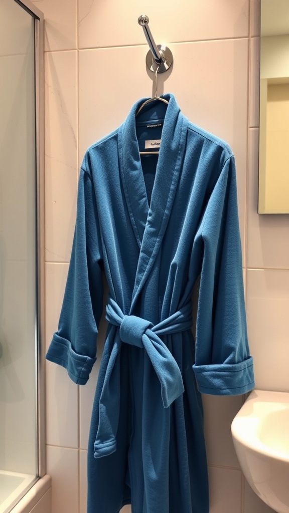 Stylish blue bathrobe hanging on a hook in a bathroom