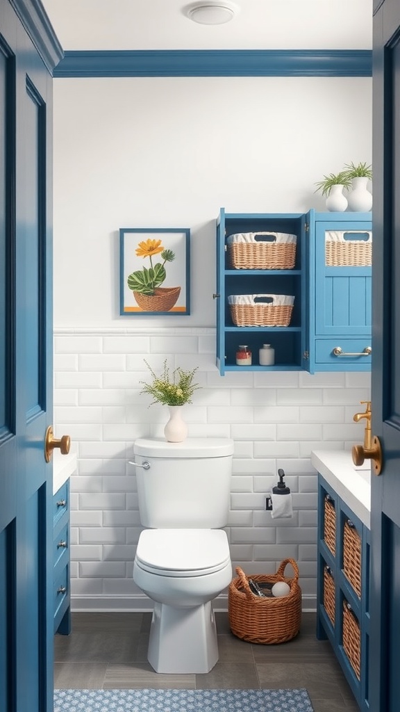 A stylish bathroom featuring blue storage cabinets, white tiles, and decorative elements.