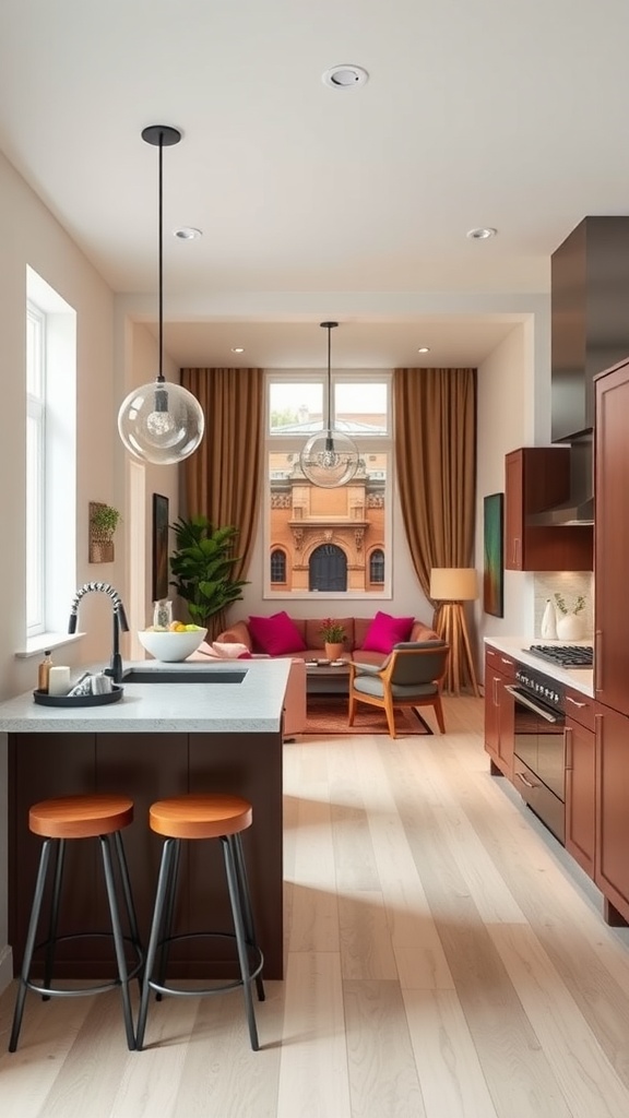 Image of a stylish kitchen with a breakfast bar pass through featuring two stools, modern decor, and a cozy living area in the background.