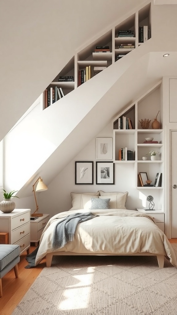 A cozy bedroom with a sloped ceiling featuring built-in shelves filled with books and decor.
