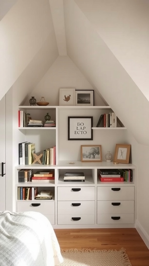 A stylish built-in storage solution in an attic bedroom featuring shelves and drawers under an angled ceiling.