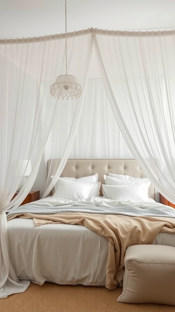 Stylish canopy bed with sheer white fabric and neutral bedding
