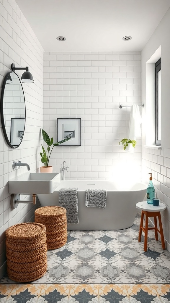 A stylish bathroom featuring patterned cement tiles, a modern bathtub, and a round mirror.
