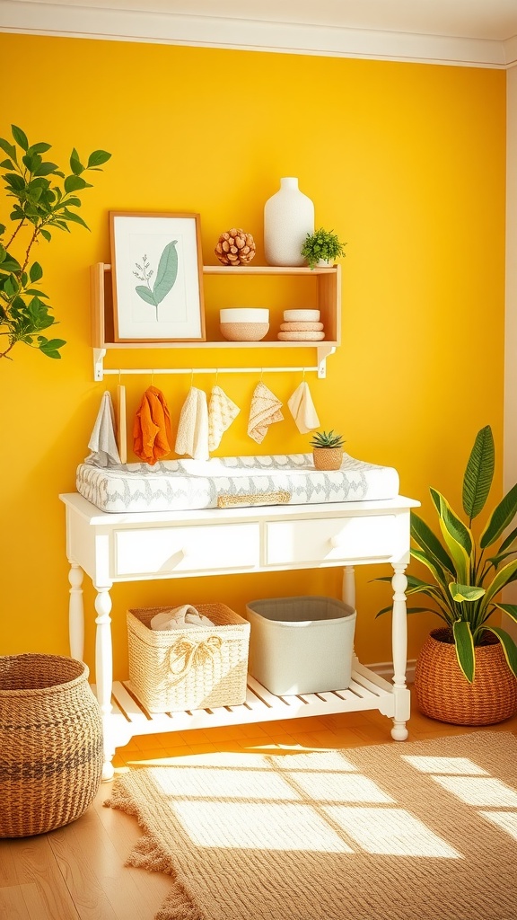 A stylish yellow nursery featuring a white changing table with storage, decorative items on a shelf, and a vibrant yellow wall.