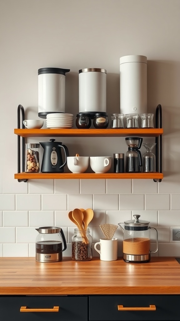 A stylish coffee and tea shelf with brewing tools and storage jars.