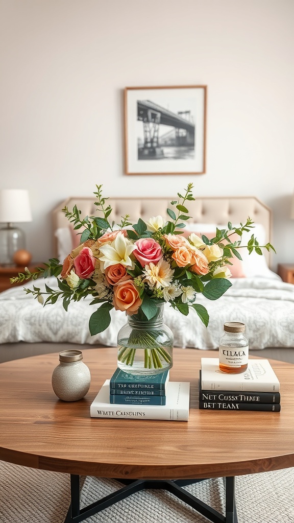 A stylish coffee table centerpiece featuring a floral arrangement, stacked books, and decorative vases.