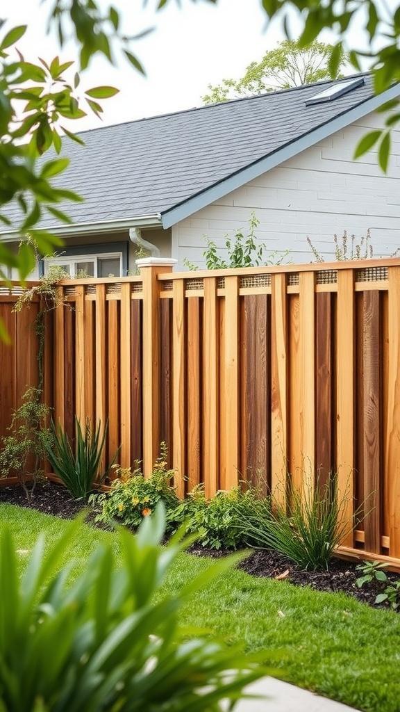 Stylish composite fencing with a blend of light and dark wood tones, surrounded by lush greenery.