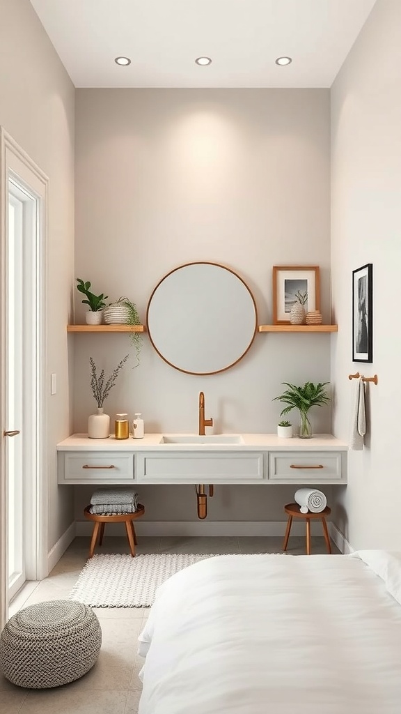 Stylish bathroom corner niche with a round mirror, wooden shelves, and plants.