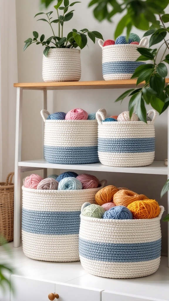 Stylish cotton rope baskets filled with colorful yarn on a shelf