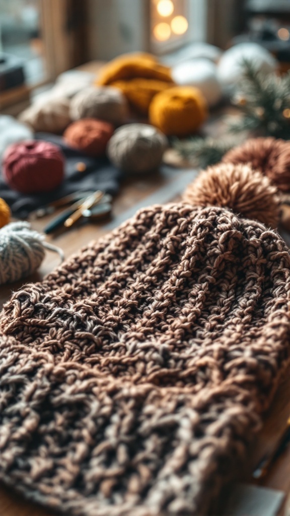 Stylish crochet beanie on a wooden table with various yarn balls in the background.