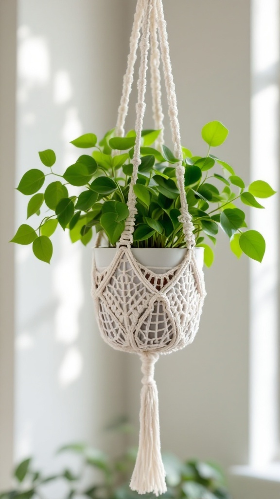 Crochet plant hanger with green plant in a bright room
