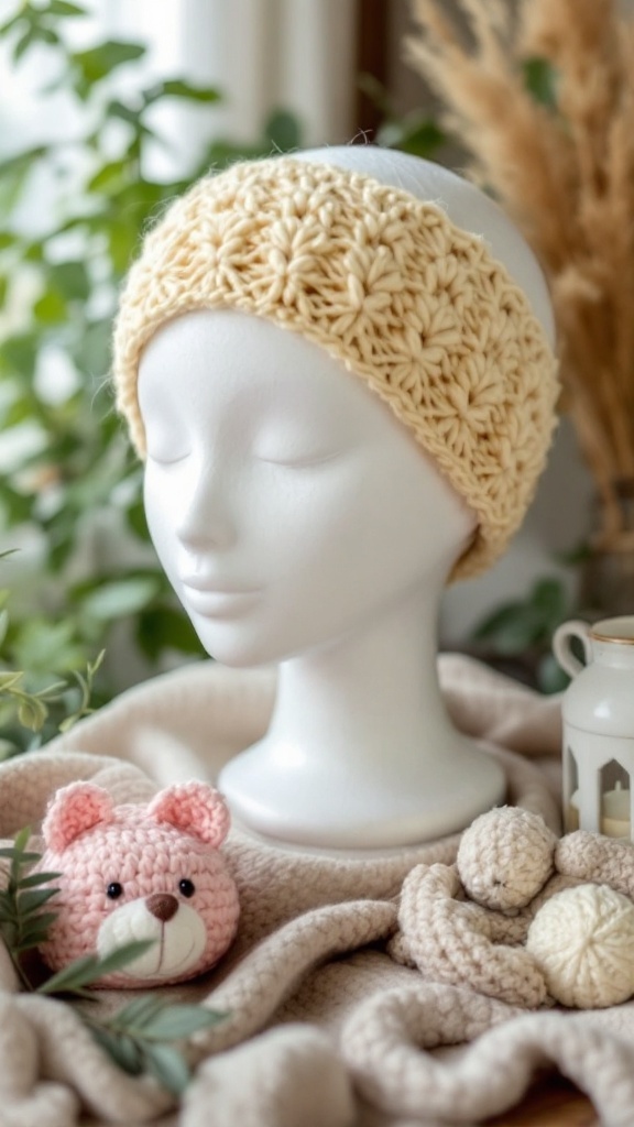 A yellow crochet ear warmer displayed on a mannequin head with a cozy background.