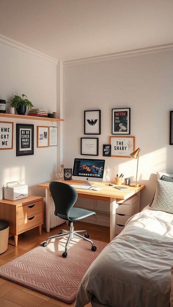 Stylish desk setup with a wooden desk, computer, and framed art on the wall.