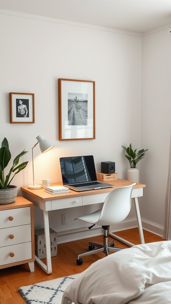 Stylish bedroom office combo with a desk, laptop, lamp, and plants.