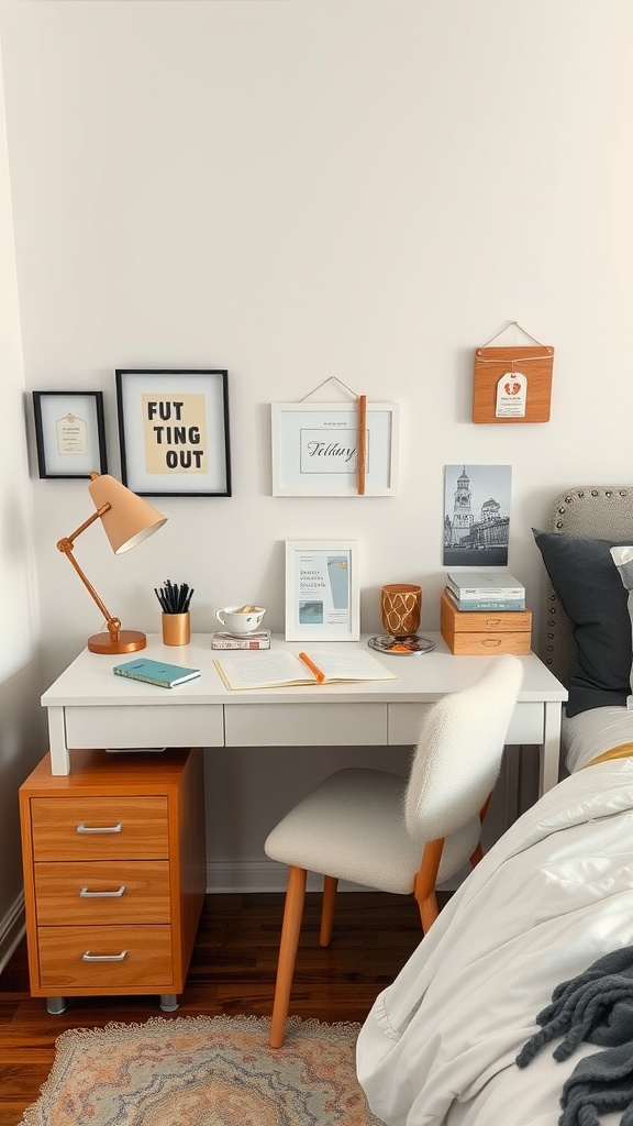 A well-decorated desk space in a bedroom featuring a white desk with wooden storage, decorative frames, and a cozy chair.