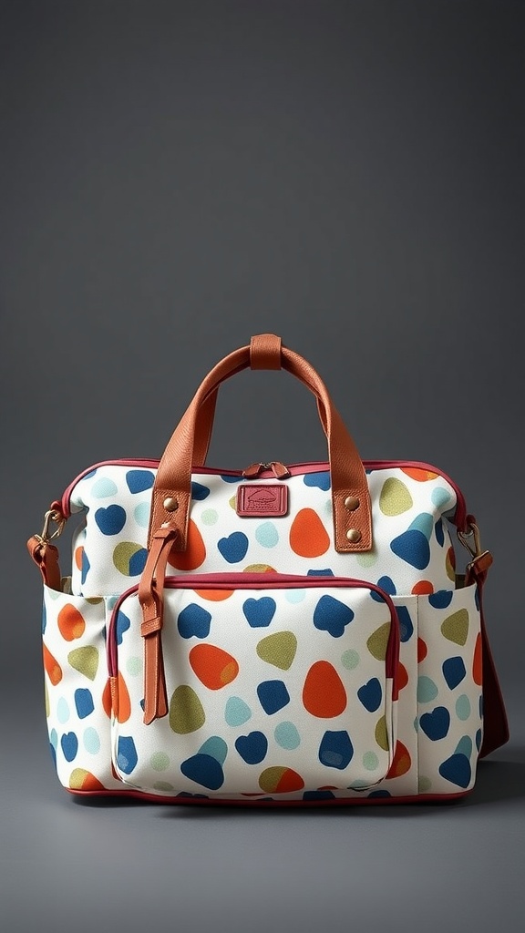 A colorful, stylish diaper bag with heart patterns and leather straps.