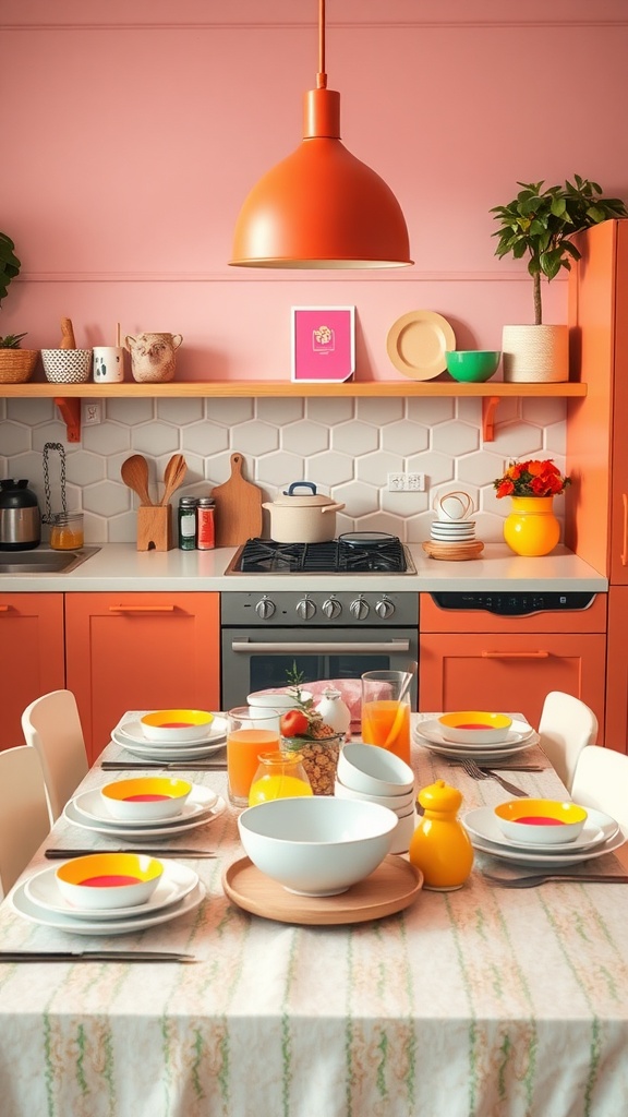 A colorful kitchen with a stylish dining display, featuring an inviting table setup