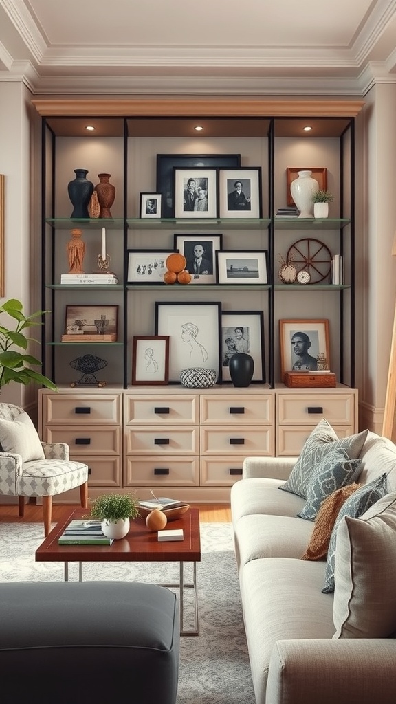 Stylish display case with collectibles and framed photos in a living room setting