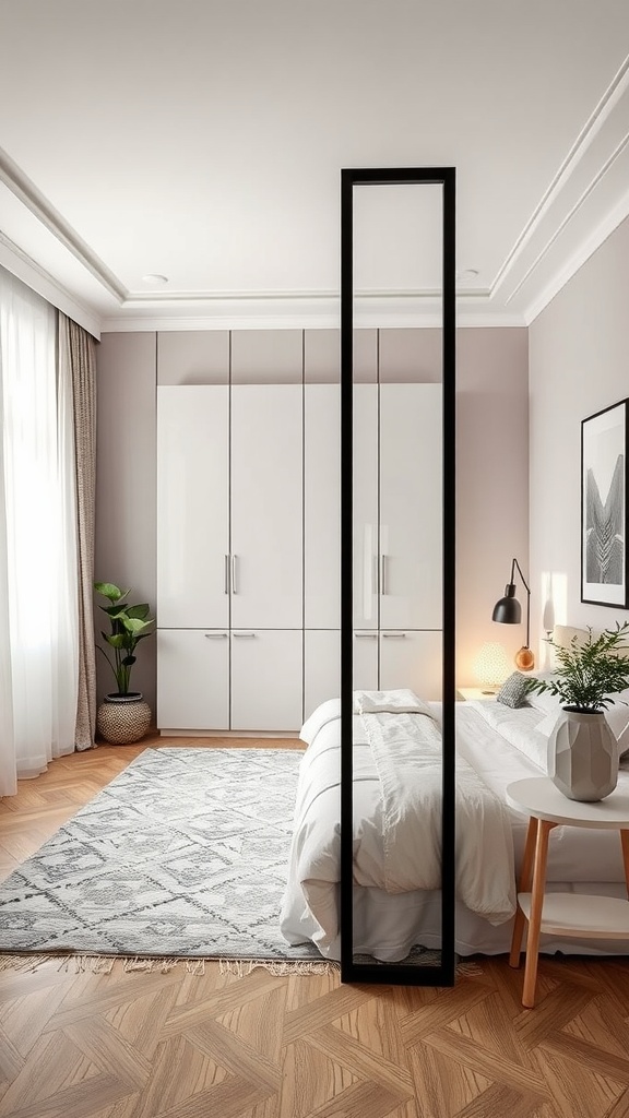 A stylish bedroom featuring a tall mirror divider, enhancing privacy and aesthetics.