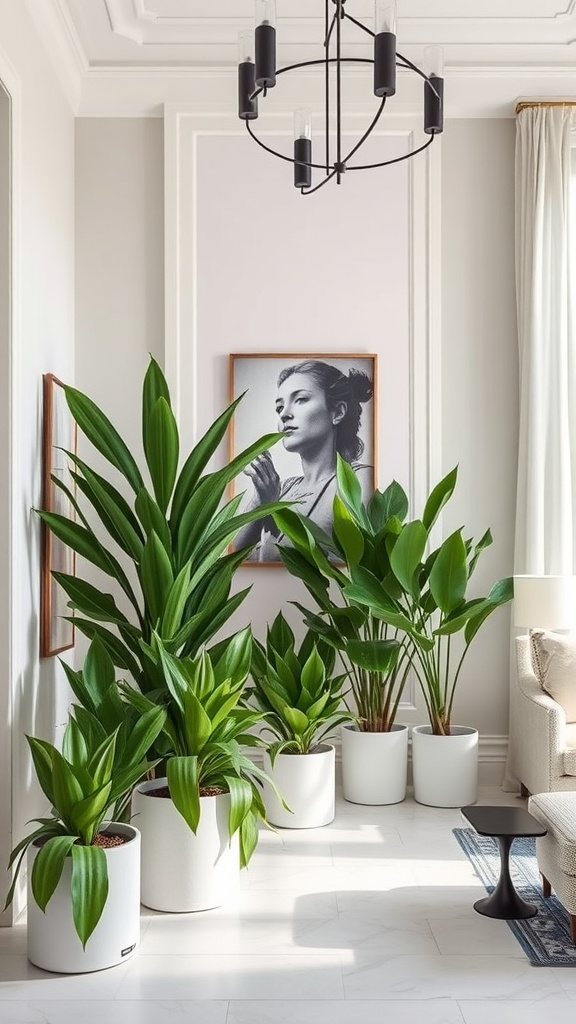 Indoor arrangement of Dracaena plants in white pots adding a fresh vibe to a stylish room.
