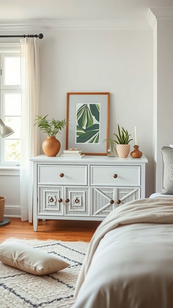 A stylish white dresser alternative in a small bedroom, decorated with plants and artwork.