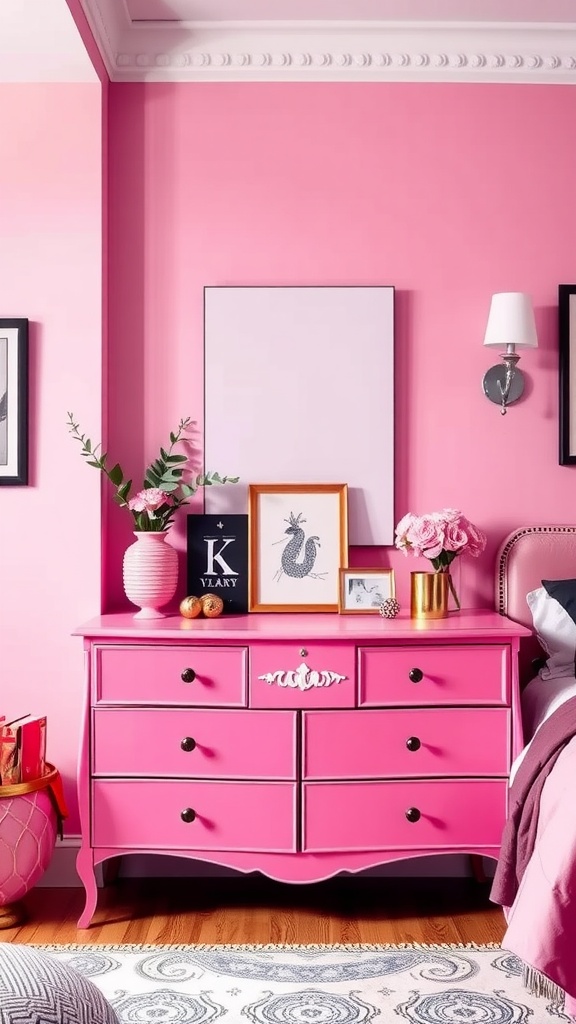 A colorful pink dresser arranged with decorative items, framed art, and flowers, set against a pink wall.