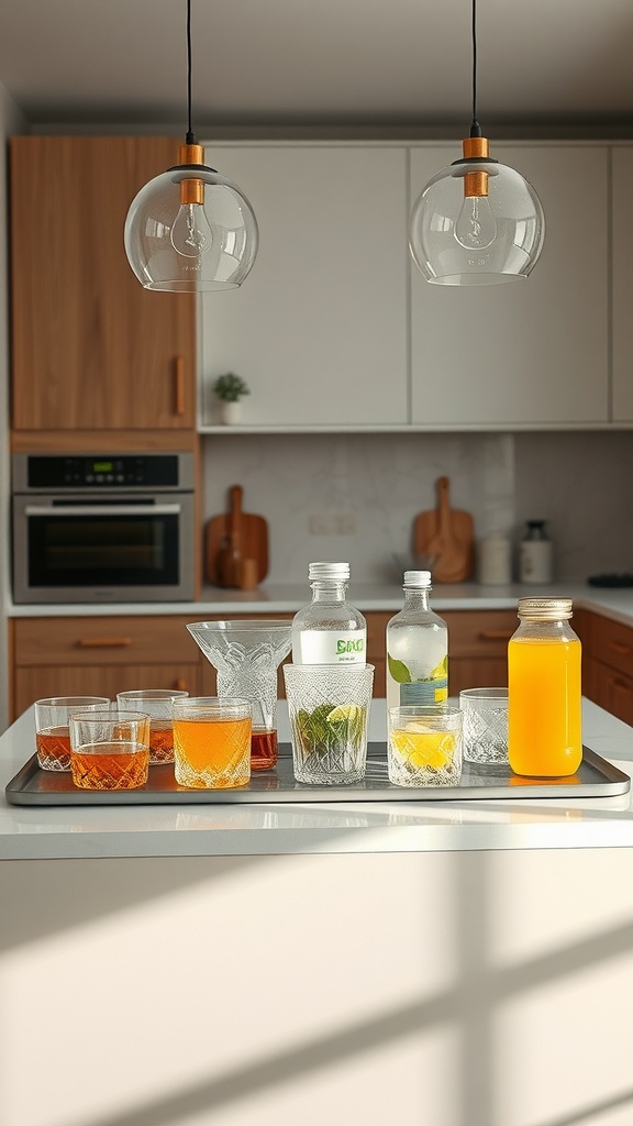 Stylish drink station on a kitchen island with various drinks and elegant glassware.