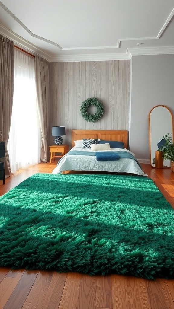 A cozy bedroom featuring a plush emerald green rug on wooden flooring, with a neatly made bed and warm natural light.