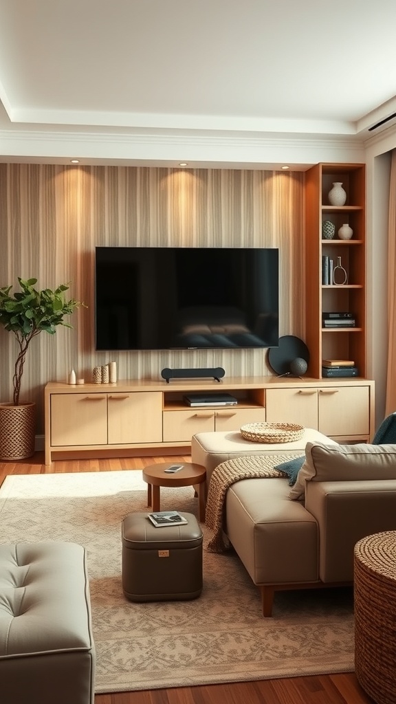 Stylish living room with a modern entertainment center featuring a large TV, wooden cabinetry, and comfortable seating.