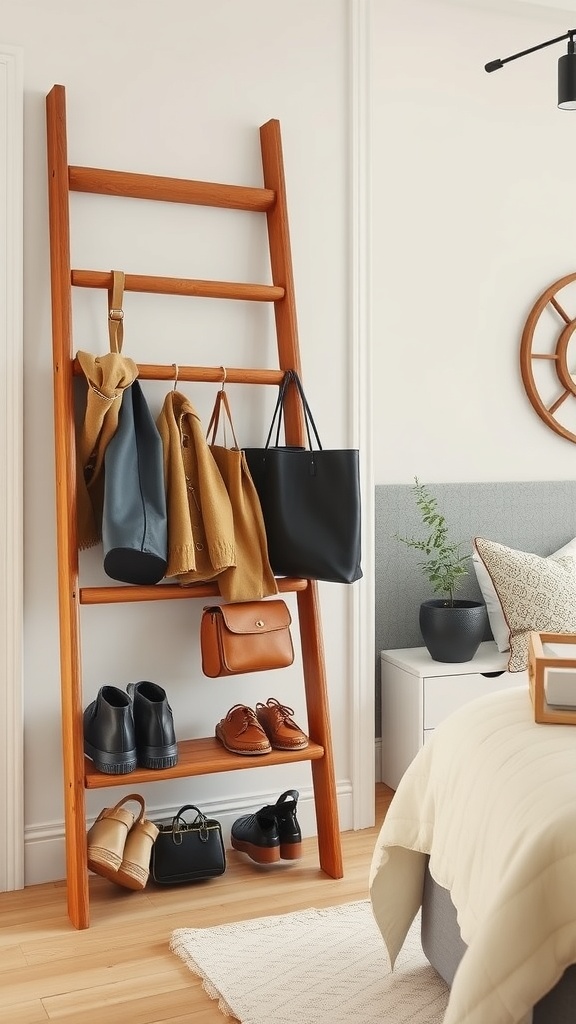 Wooden ladder used as an entryway organizer with jackets, bags, and shoes.