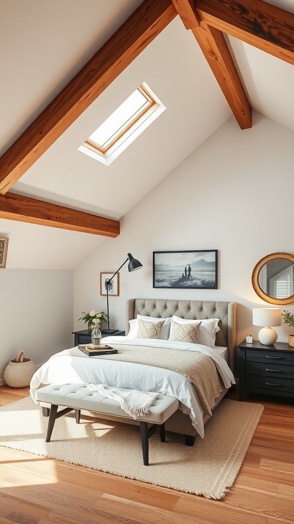 An elegant bedroom featuring stylish exposed wooden beams on a sloped ceiling, soft bedding, and a cozy atmosphere.