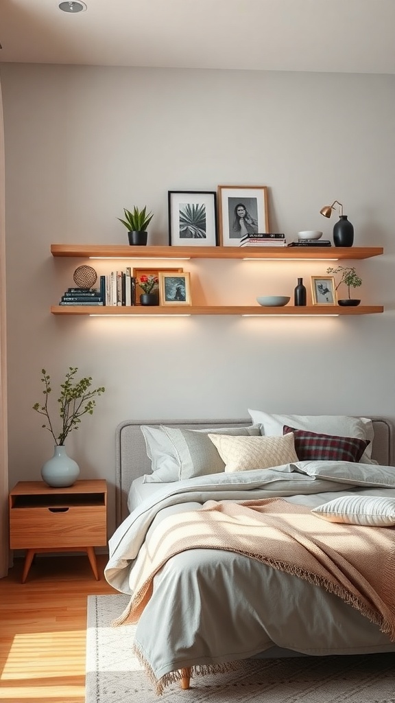Stylish floating shelves in a living room displaying books, plants, and decorative items.