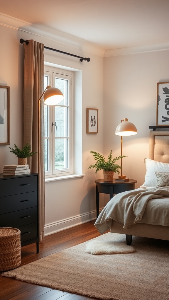 Stylish floor lamp illuminating a cozy bedroom with a reading nook