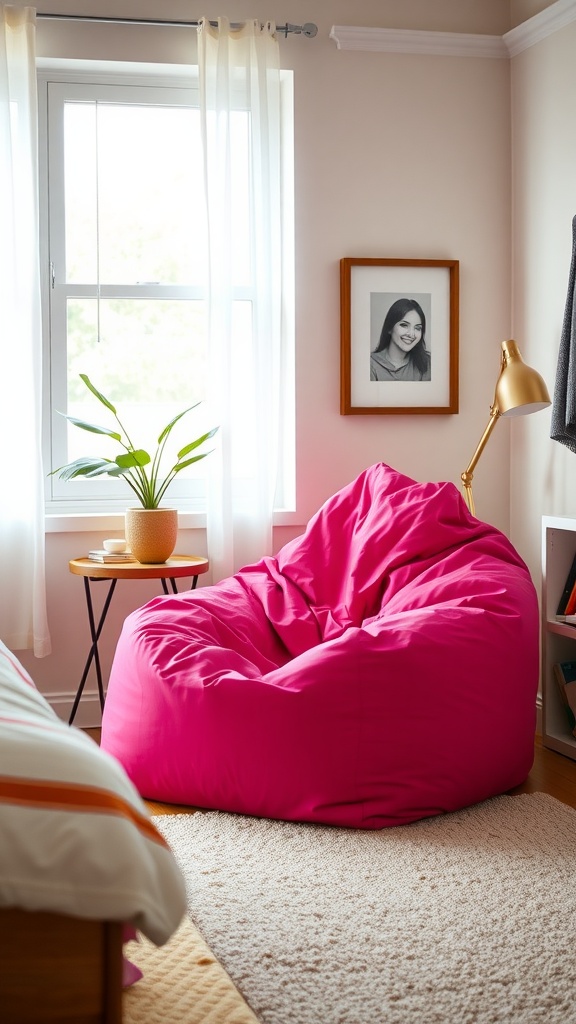 A bright pink folding bean bag in a cozy bedroom setting, next to a small table with a plant and a photo frame.