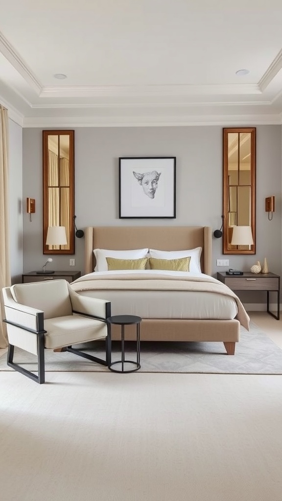 A stylish guest bedroom featuring a comfortable bed, a cozy armchair, and elegant decor.