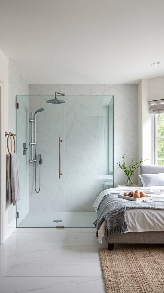 Stylish walk-in shower with glass enclosure and modern decor