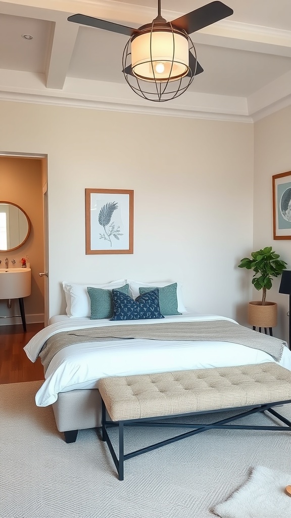 Stylish guest suite featuring a cozy bed, decorative pillows, a bench, and a potted plant.