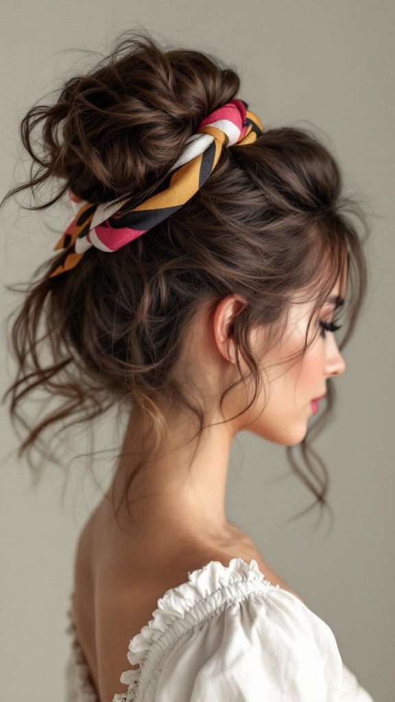 A woman with a stylish hair scarf updo, showcasing a messy bun and colorful scarf.