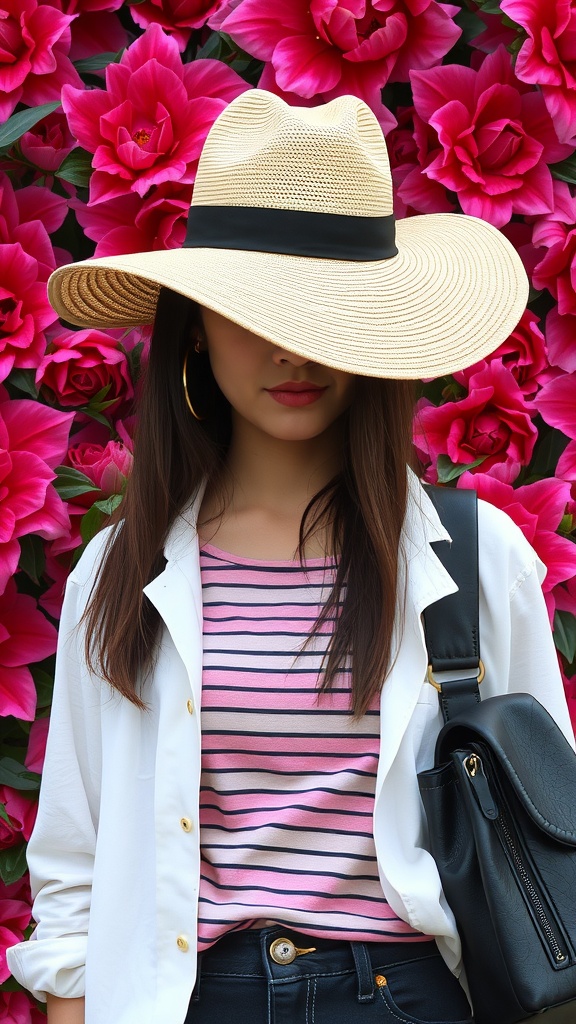 A woman wearing a wide-brimmed hat with a striped shirt and light jacket, standing in front of pink flowers.