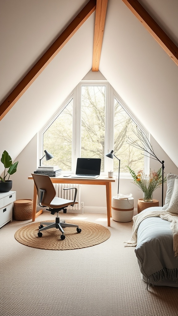 Stylish attic home office with large windows, wooden beams, and a cozy rug.