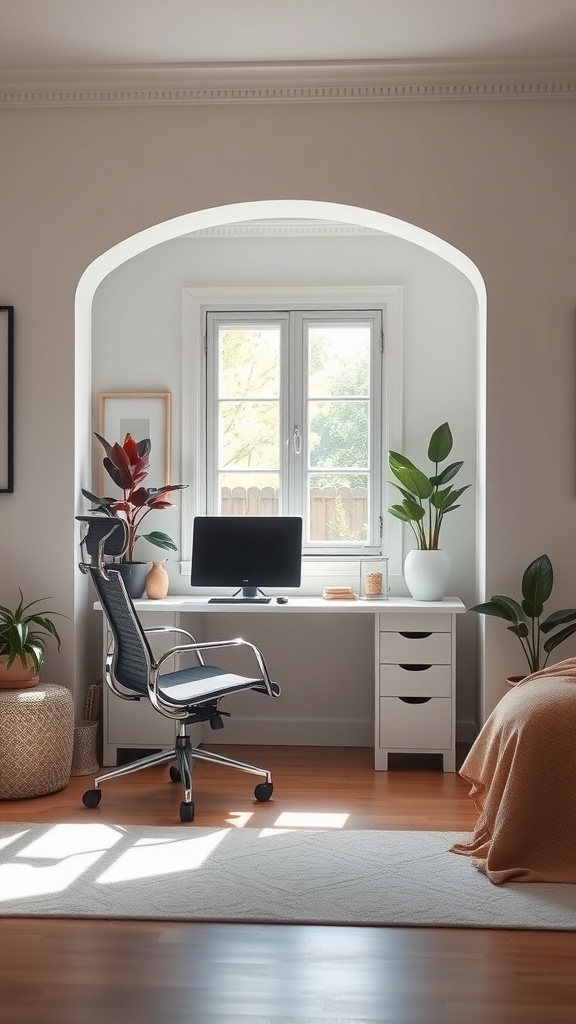A stylish home office setup in an alcove with a desk, ergonomic chair, plants, and natural light.